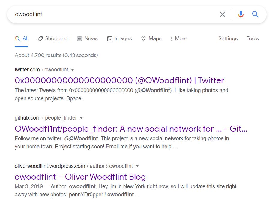 Google search result for OWoodflint!